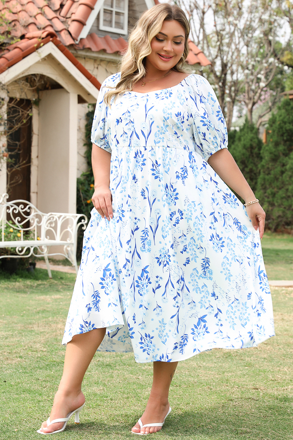 Plus Curvy Sky Blue Floral Print Sweetheart Neck  Midi Dress
