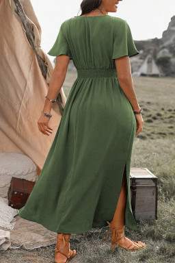 Plus Big Size Four Leaf Clover Surplice Neckline Shirred High Waist Maxi Dress