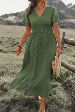 Plus Size Four Leaf Clover Surplice Neckline Shirred High Waist  Maxi Dress