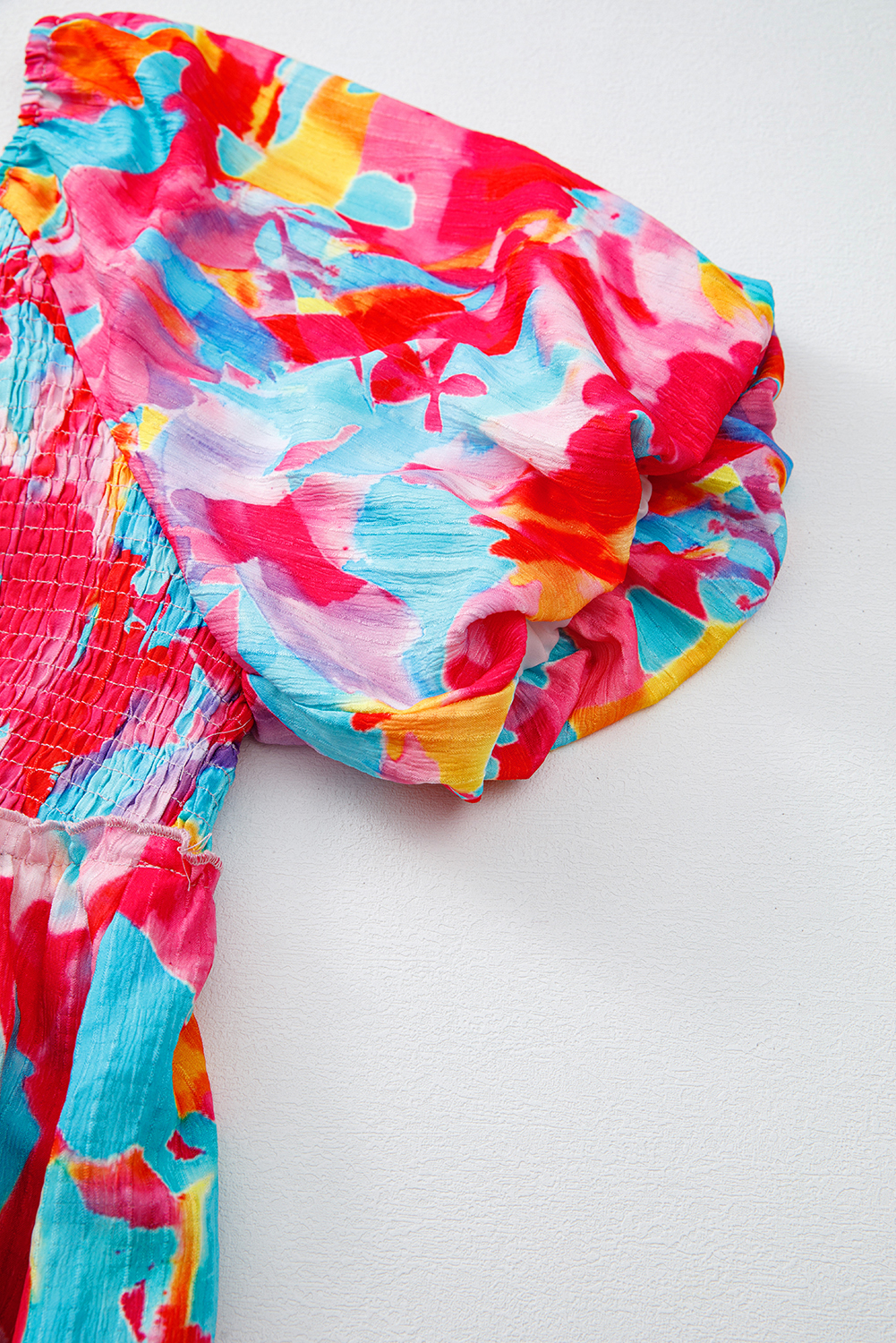 Plus Size Rose Abstract Printed Puff Sleeve Square Neck Smocked Bust Tied Back  Dress