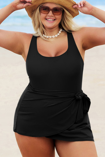 Plus Size Black Solid Color Square Neck Knotted  One Piece Swimsuit