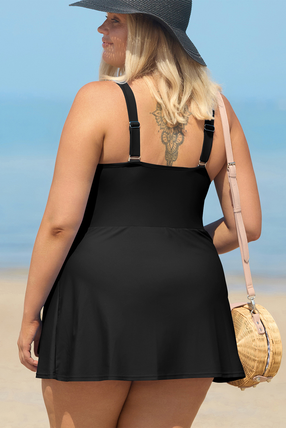 Plus Black Solid Color Square Neck Knotted  One Piece Swimsuit