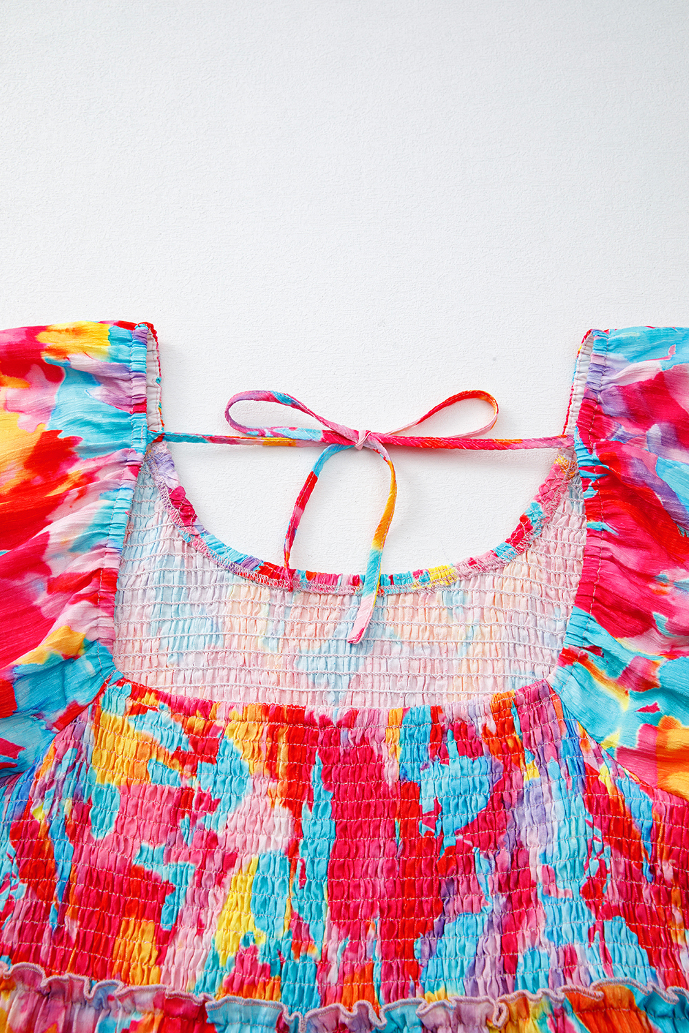 Plus Size Rose Abstract Printed Puff Sleeve Square Neck Smocked Bust Tied Back  Dress