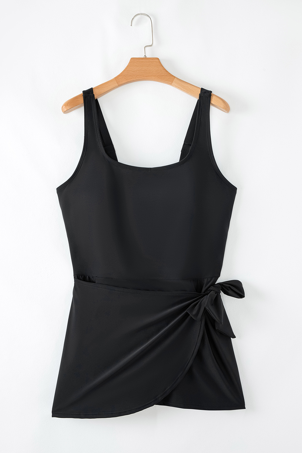 Plus Size Black Solid Color Square Neck Knotted  One Piece Swimsuit