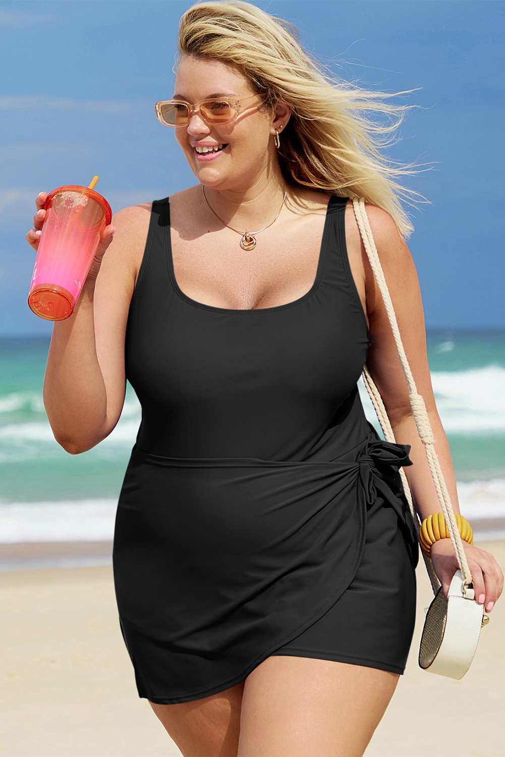 Plus Size Black Solid Color Square Neck Knotted  One Piece Swimsuit