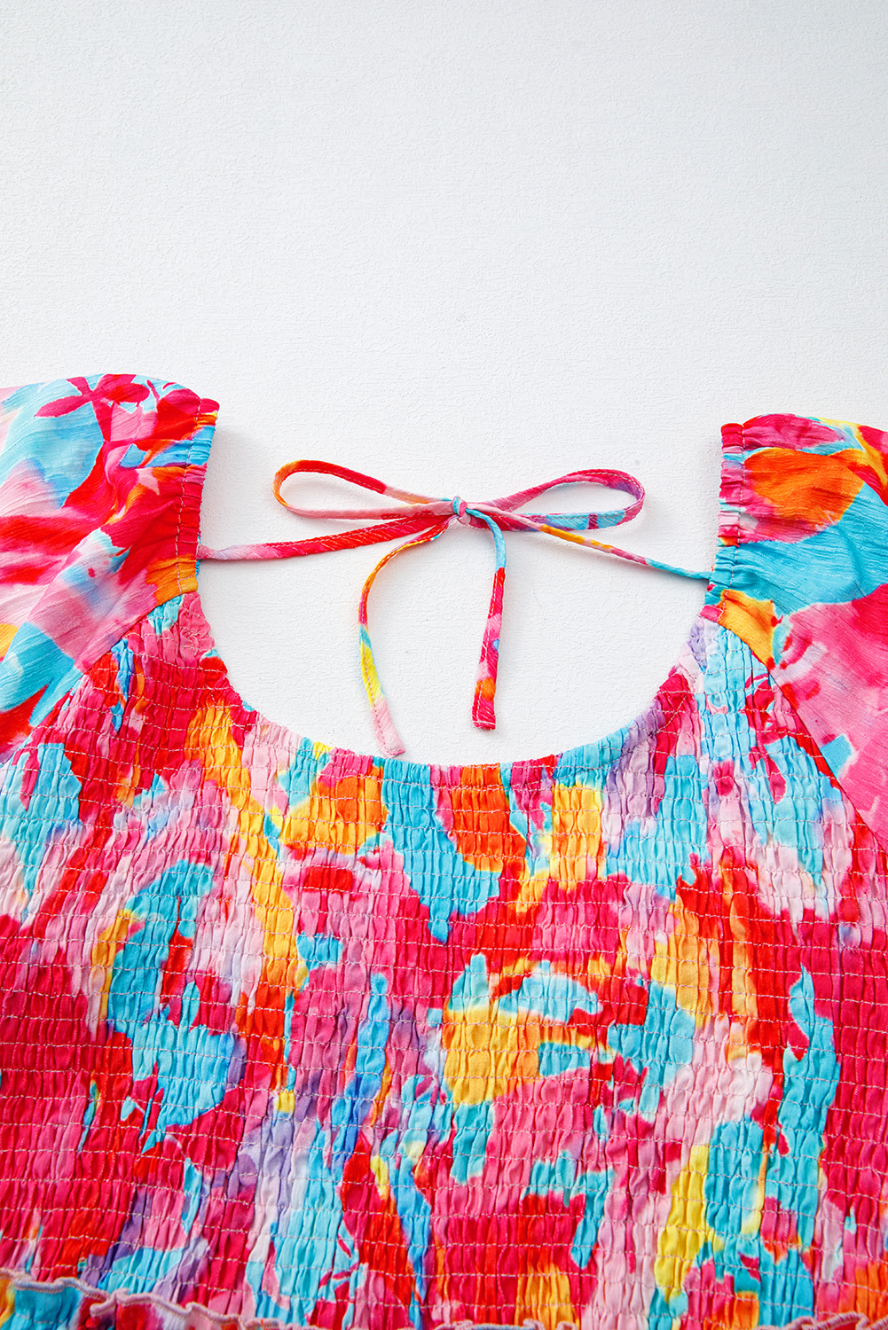 Plus Size Rose Abstract Printed Puff Sleeve Square Neck Smocked Bust Tied Back  Dress