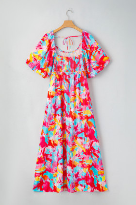 Plus Size Rose Abstract Printed Puff Sleeve Square Neck Smocked Bust Tied Back  Dress