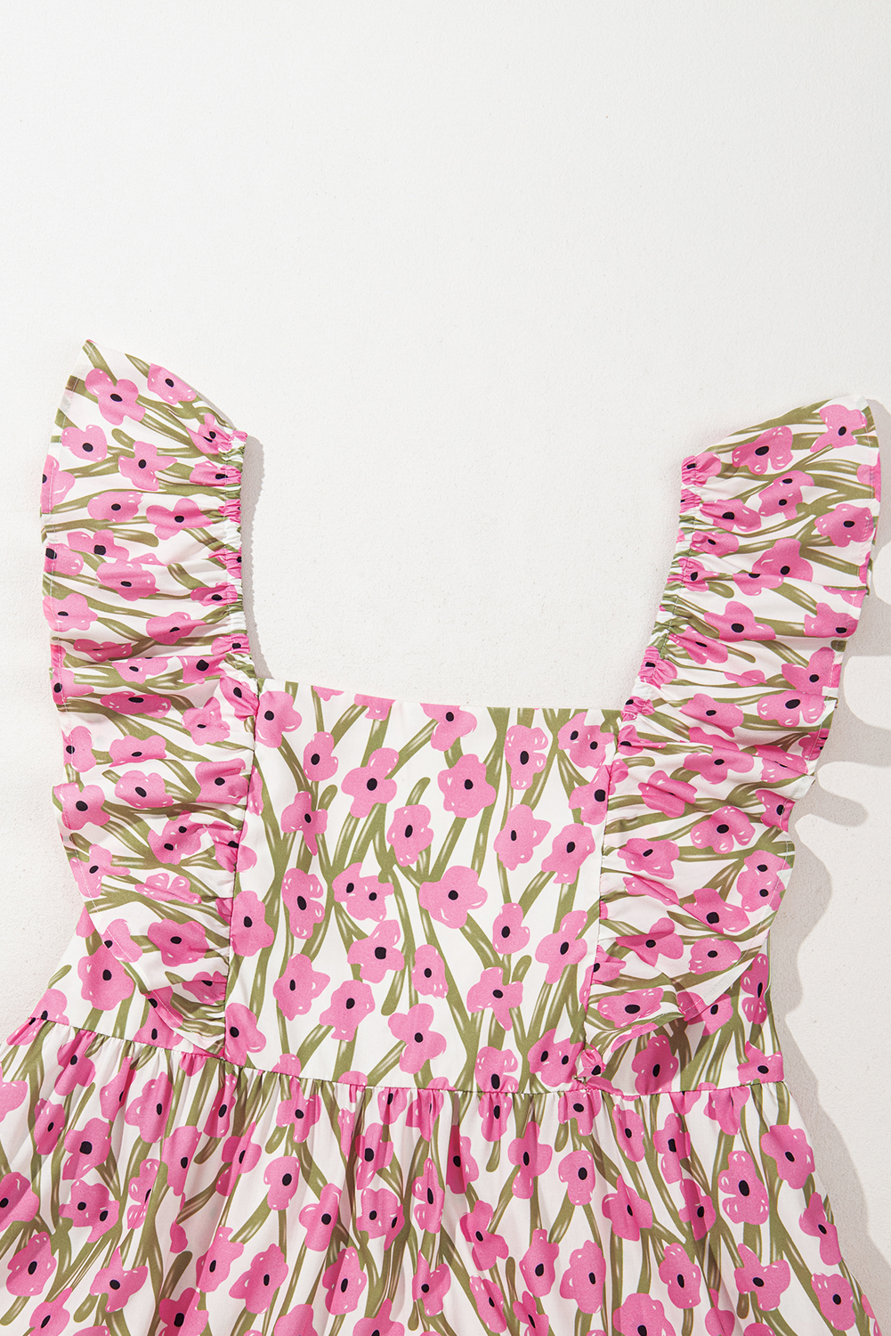 Plus Size Pink  Ruffle Trim Square Neck High Waist Floral Maxi Dress