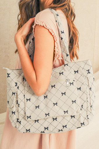 White Bow Knot Plaid Print Large Tote Bag