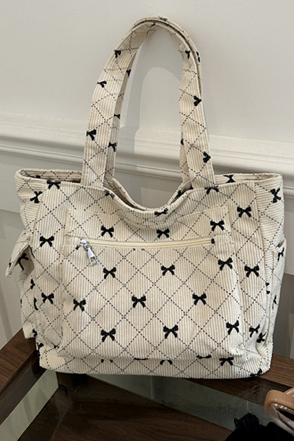 White Bow Knot Plaid Print Large Tote Bag