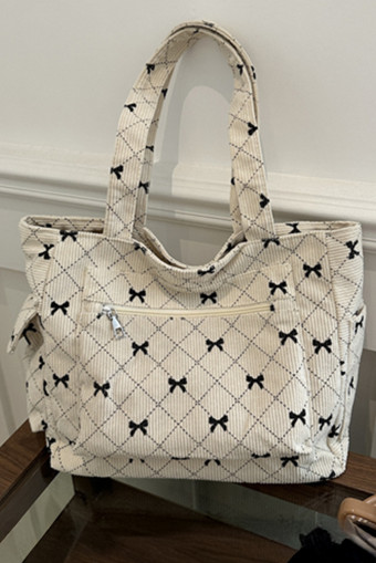 White Bow Knot Plaid Print Large Tote Bag