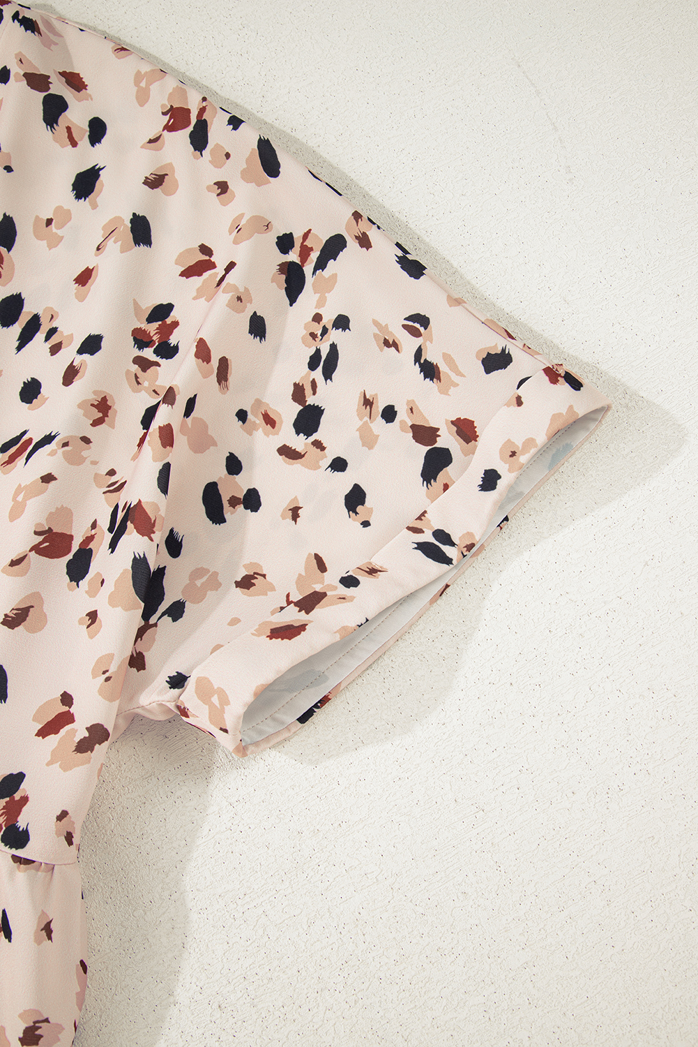 Plus Size Beige Printed Surplice V Neck Cuffed Sleeve Empire Waist  Dress