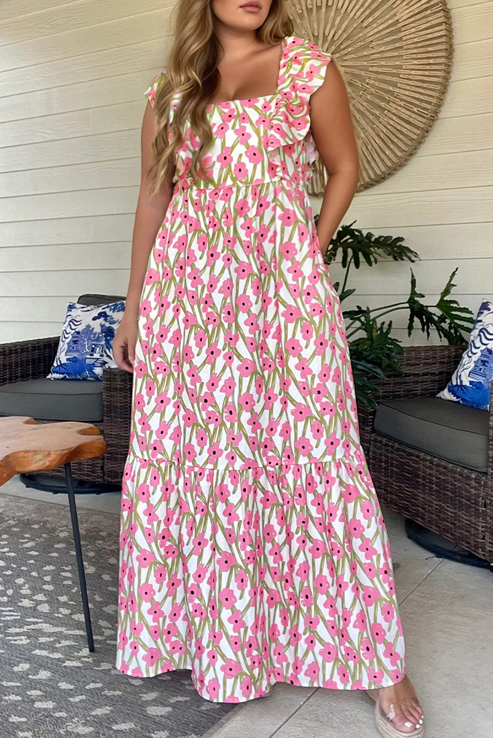 Plus Size Pink  Ruffle Trim Square Neck High Waist Floral Maxi Dress