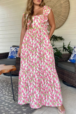 Plus Size Pink  Ruffle Trim Square Neck High Waist Floral Maxi Dress