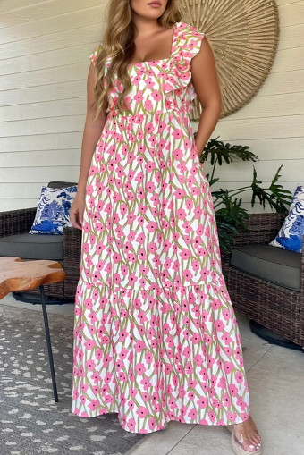 Plus Size Pink  Ruffle Trim Square Neck High Waist Floral Maxi Dress