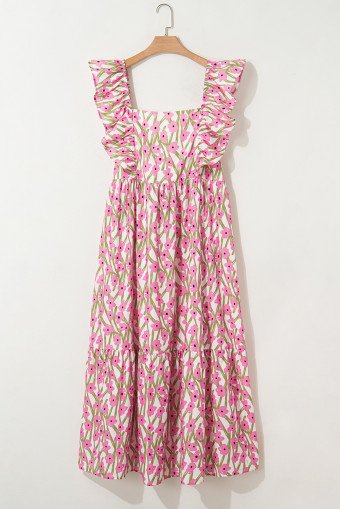 Oversized Curve Pink Ruffle Trim Square Neck High Waist Floral Maxi Dress