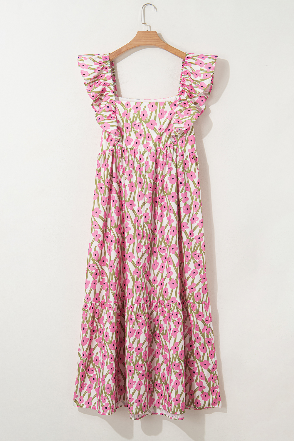 Large Size Pink Ruffle Trim Square Neck High Waist Floral Maxi Dress
