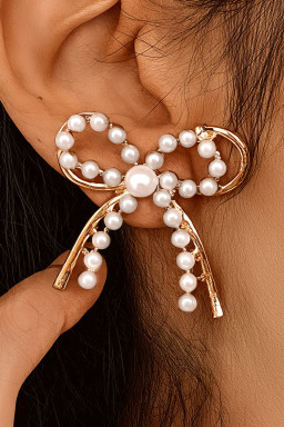 Gold Pearl Embellished Alloy Bow Knot Stud Earrings