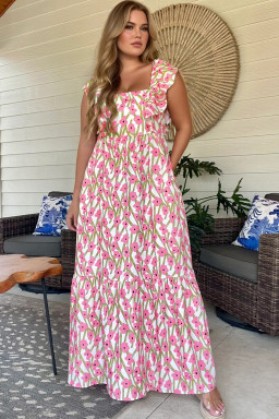 Oversized Pink Ruffle Trim Square Neck High Waist Floral Maxi Dress
