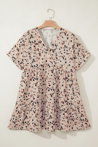 Plus Size Beige Printed Surplice V Neck Cuffed Sleeve Empire Waist  Dress