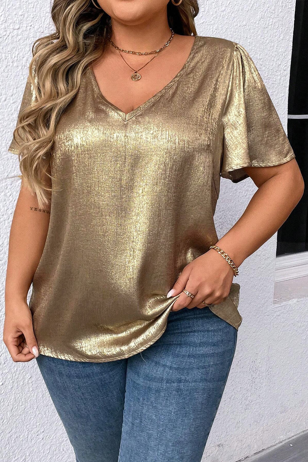 Plus Size Gold  Metallic V Neck Short Sleeve Blouse