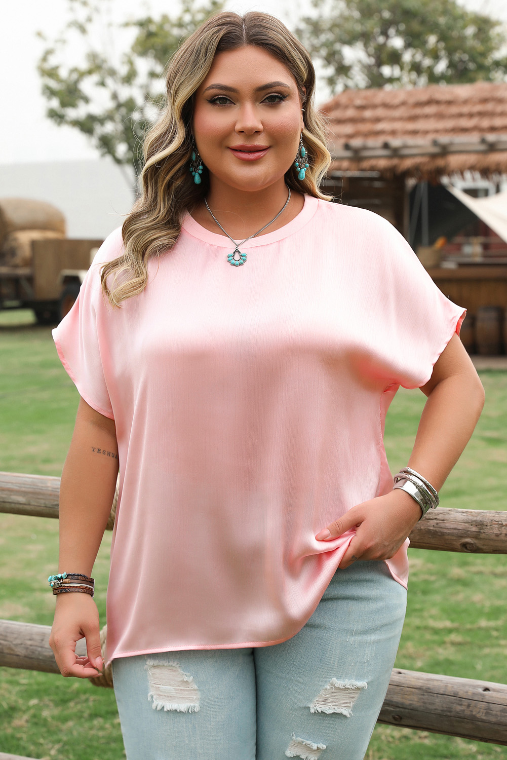 Plus Size Pink Metallic Gloss Short Batwing Sleeve  Top