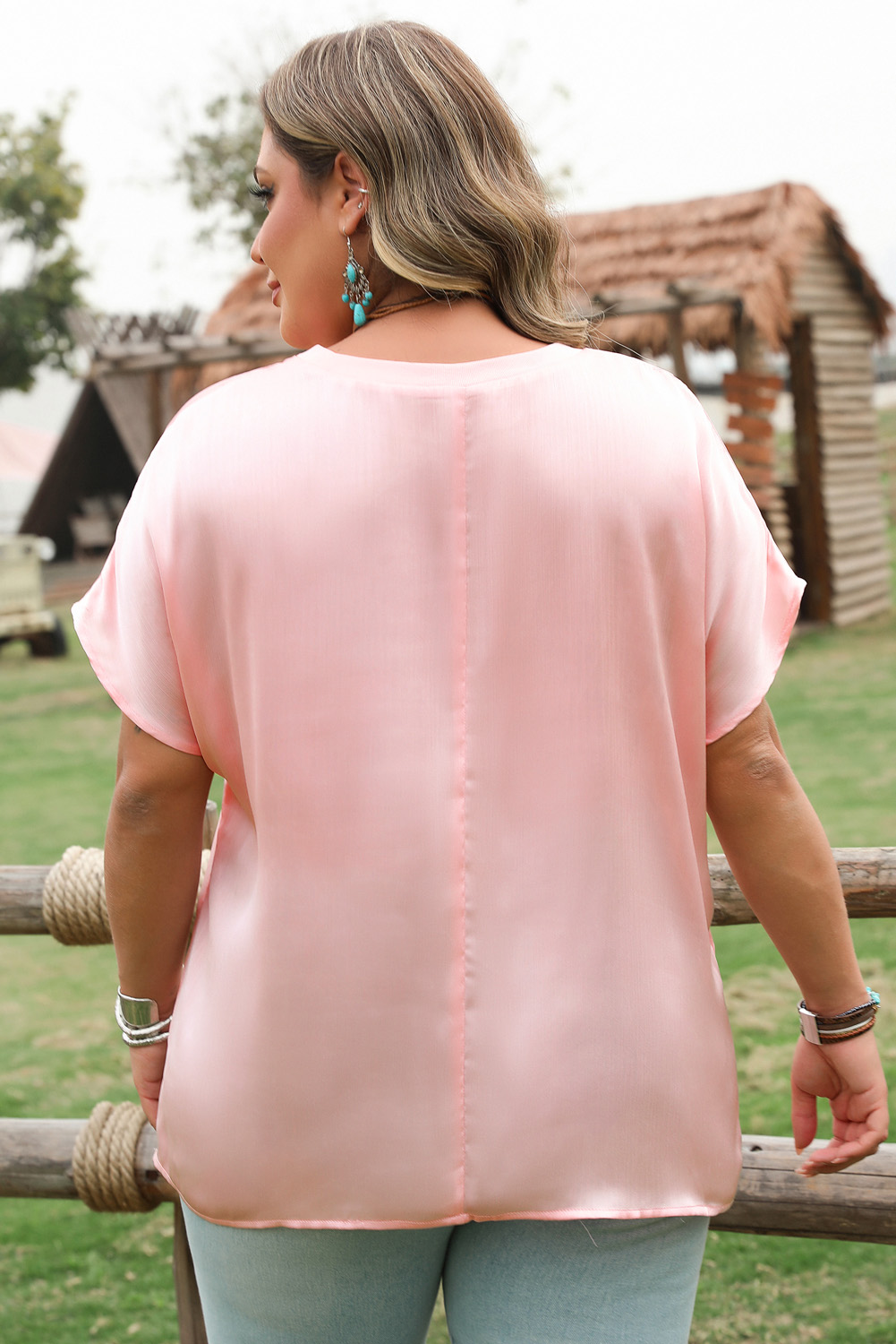 Plus Size Pink Metallic Gloss Short Batwing Sleeve  Top