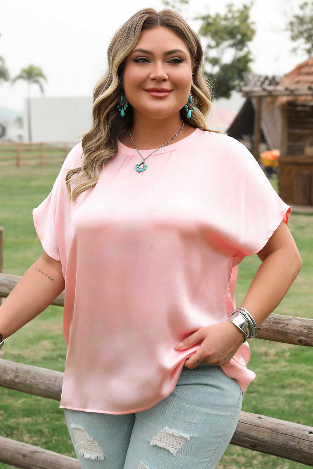 Plus Size Pink Metallic Gloss Short Batwing Sleeve  Top