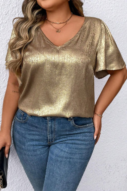 Plus Size Gold  Metallic V Neck Short Sleeve Blouse