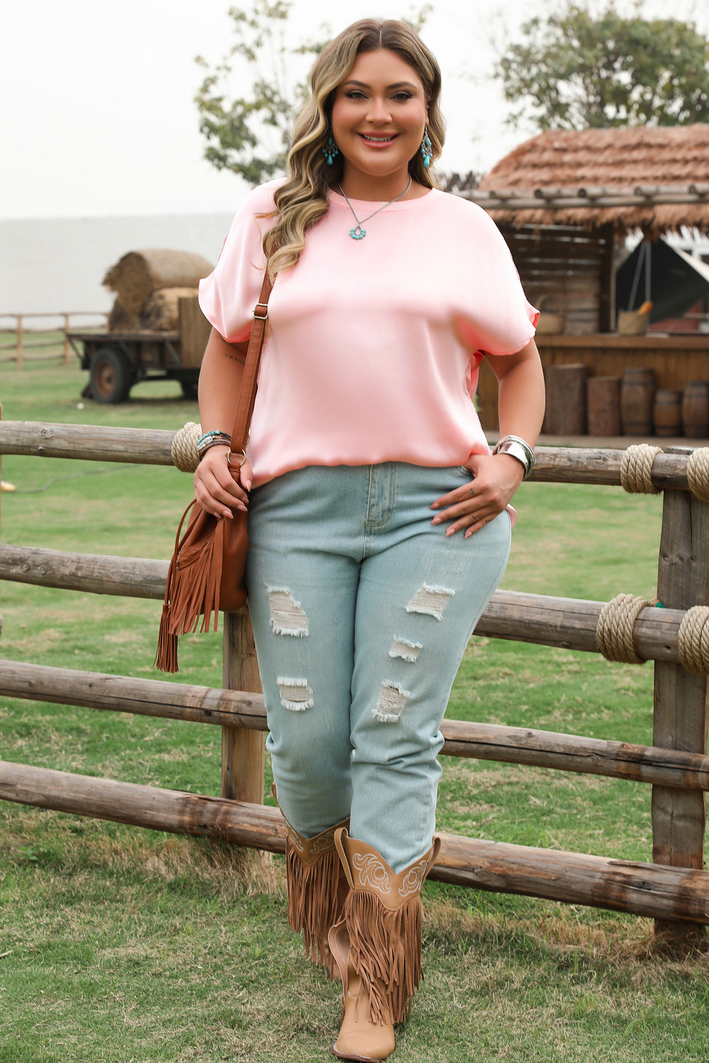 Plus Size Pink Metallic Gloss Short Batwing Sleeve  Top