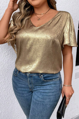 Plus Size Gold  Metallic V Neck Short Sleeve Blouse