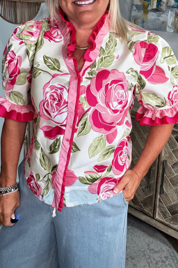 Plus Size Rose  Floral Print Frilled Stripes Detail Short Sleeve Blouse