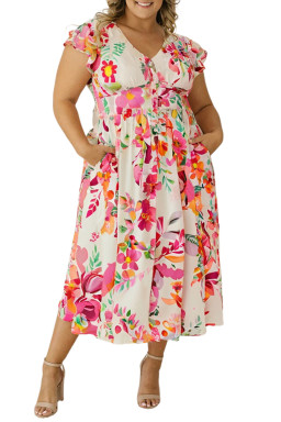 Plus Pink Floral Print V Neck Ruffle Sleeve Midi Dress