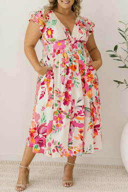 Plus Size Pink Floral Print V Neck Ruffle Sleeve Midi Dress