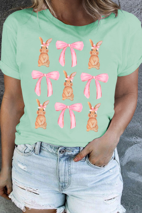 Plus Size Iceland Blue  Easter Bunny Bow Printed Cuffed Sleeve Tee