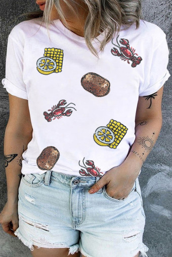 Plus Size White  Sequin Crawfish Summer Fine Food Graphic Tee