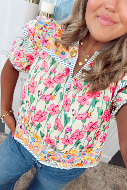 Plus Size Pink  Floral Print Striped Trim V Neck Blouse