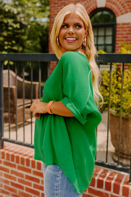 Plus Size Green Seamed Back High Low Hem V Neck Cuffed Sleeve  Tee