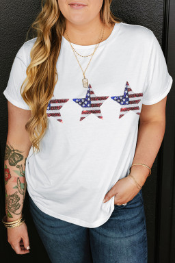 Plus Size Curvy White Sequin USA Flag Inspire Star Graphic T Shirt