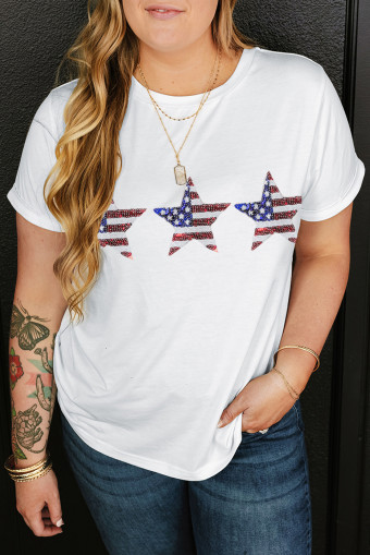 Plus Size Curvy White Sequin USA Flag Inspire Star Graphic T Shirt