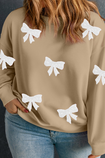 Plus Size Apricot Bow Pattern Drop Shoulder  Sweatshirt