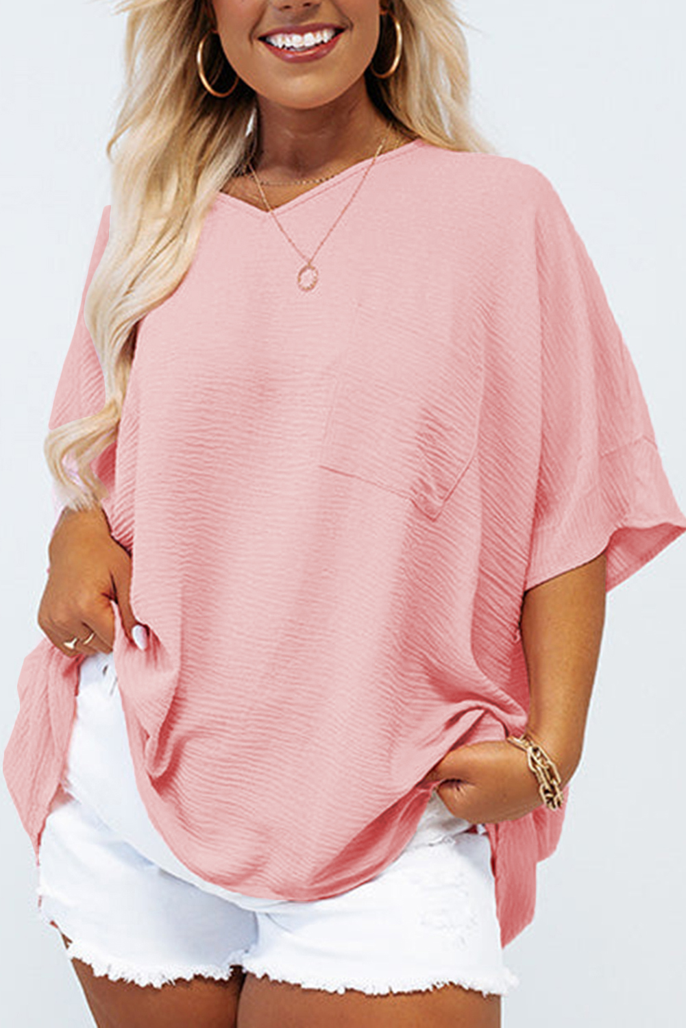 Plus Size Pink Textured Half Sleeve V Neck  T Shirt with Chest Pocket