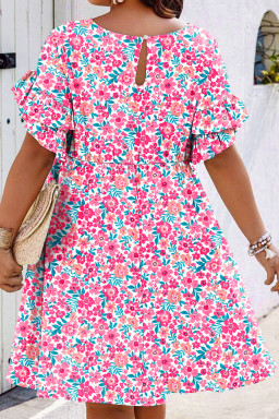 Plus Size White  Floral Print Frilled Short Sleeve Flare Dress