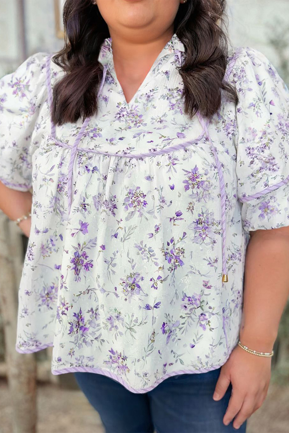 Plus Size Purple Floral Trimmed Detail Split Neck  Top