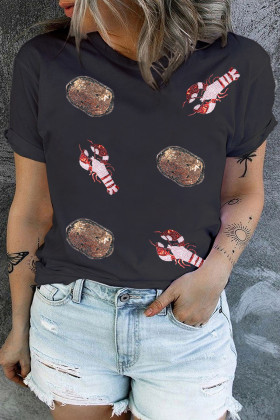 Plus Size Black Sequin Crawfish Potato Graphic  T Shirt