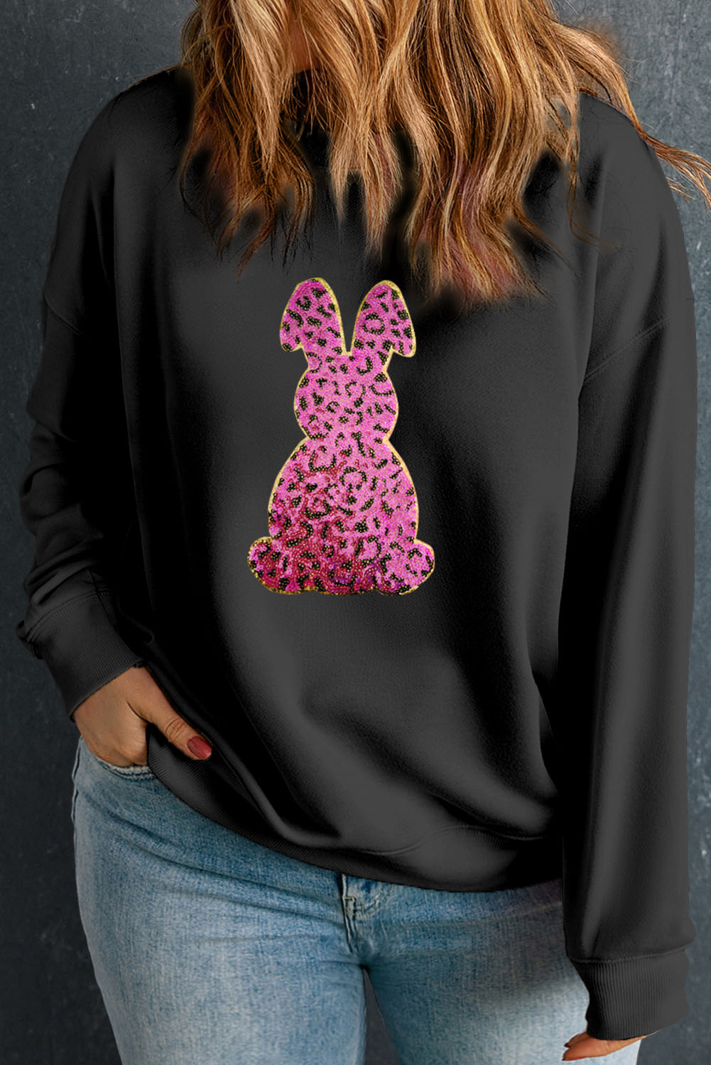 Plus Size Black Easter Rabbit Sequin Patch Graphic  Sweatshirt