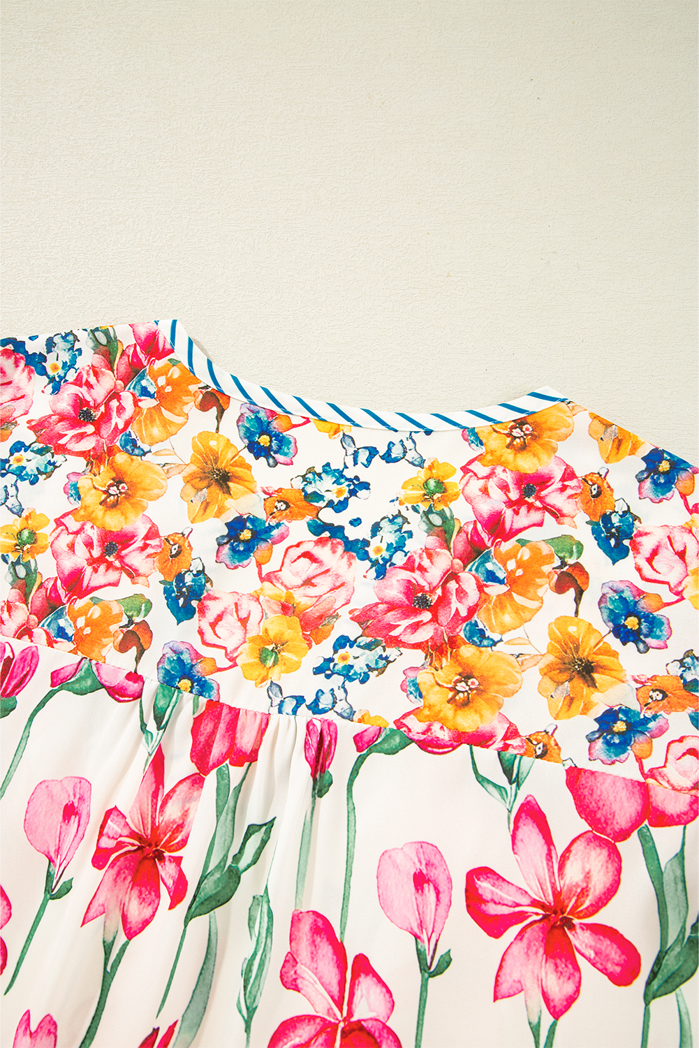 Plus Size Pink  Floral Print Striped Trim V Neck Blouse