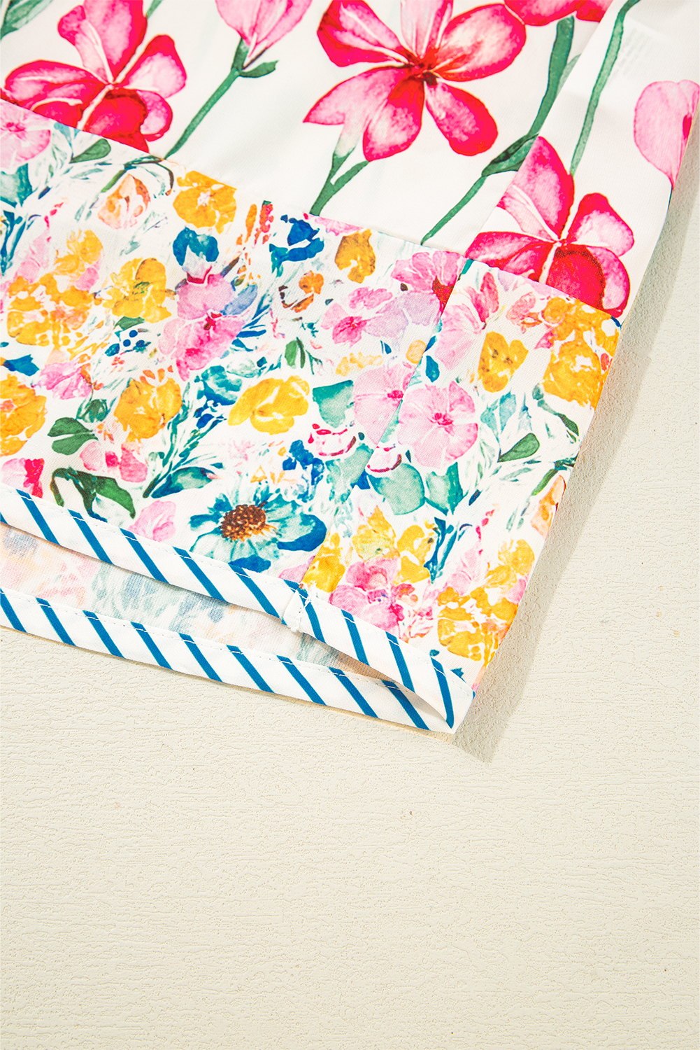 Plus Size Pink  Floral Print Striped Trim V Neck Blouse