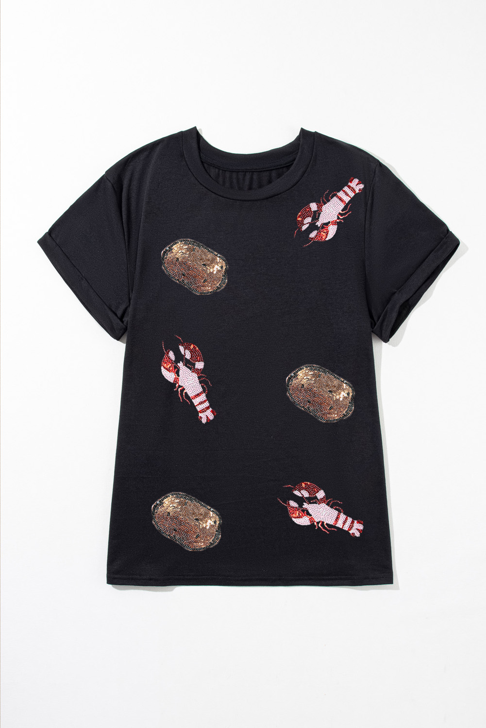 Big Size Curve Black Sequin Crawfish Potato Graphic T Shirt