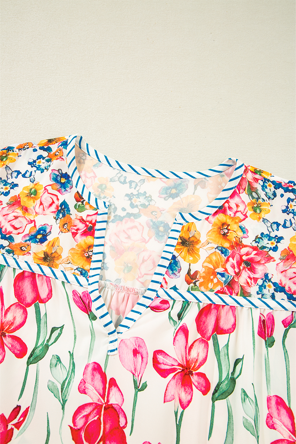 Big Size Cuvry Pink Floral Print Striped Trim V Neck Blouse